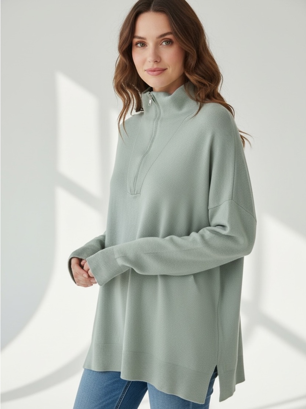 Pink Lily Sage Green Oversized Half Zip Mock Neck Sweater